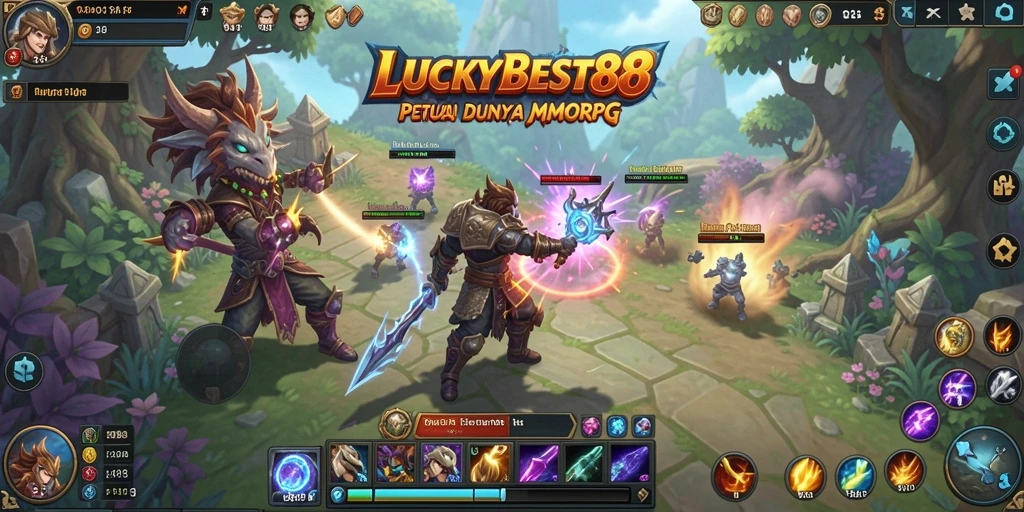 Screenshot gameplay LUCKYBEST88 yang menunjukkan pertempuran epik di dunia MMORPG.