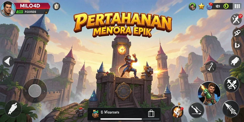 Screenshot gameplay Tower Defense MILO4D yang menunjukkan aksi menara melawan musuh.