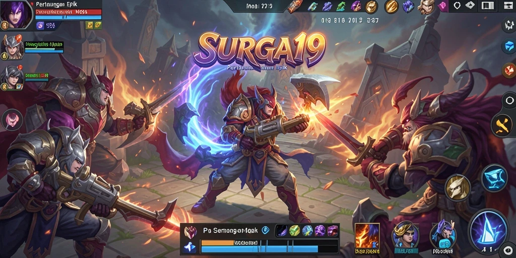 Screenshot utama SURGA19 menampilkan serunya pertempuran dalam game MOBA.